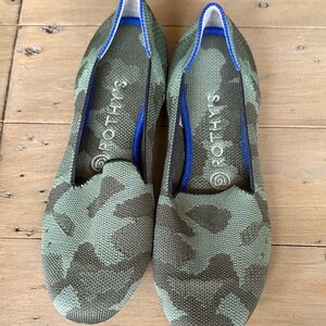 Rothy's Camouflage Green Loafers with Blue Trim
